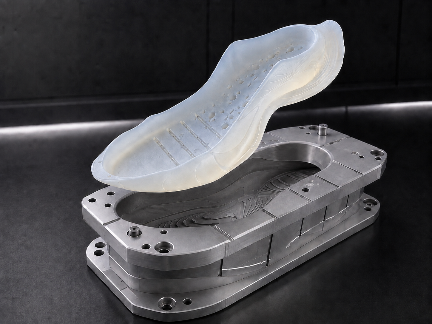 GEB preform and its mold, illustrating how the preform carries shape and surface details before foaming