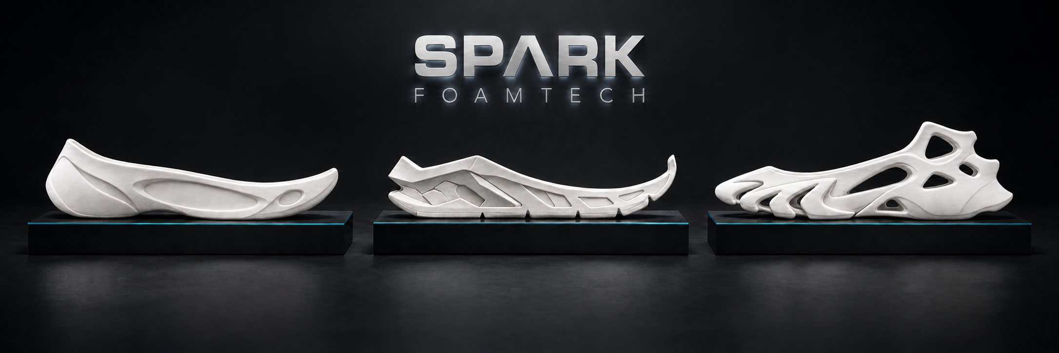 Three midsole concepts on black laboratory display plinths beneath the SPARK FOAMTECH logo